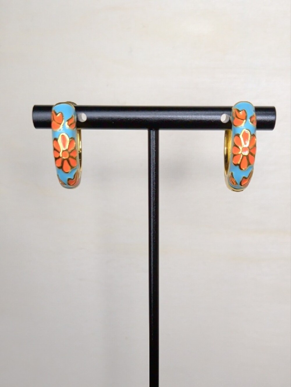 18k Gold Filled Hoop Earrings with Turquoise & Orange Floral Enamel - Picture 5 of 5